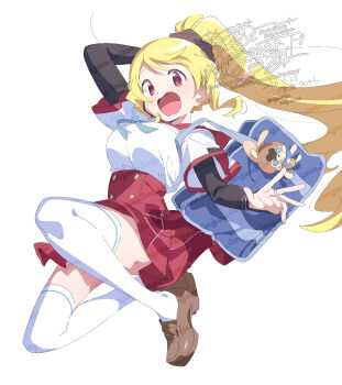 1girl arm_up bag blonde_hair blue_bow blue_bowtie blush bow bowtie brown_shoes dated full_body highres layered_sleeves long_hair long_sleeves looking_at_viewer magia_record:_mahou_shoujo_madoka_magica_gaiden mahou_shoujo_madoka_magica open_mouth plaid_clothes plaid_skirt ponytail red_eyes red_sailor_collar red_skirt sailor_collar school_bag school_uniform serafuku serizawa_serizane shirt shoes short_over_long_sleeves short_sleeves simple_background skirt solo thighhighs togame_momoko twitter_username watermark white_background white_shirt white_thighhighs zettai_ryouiki