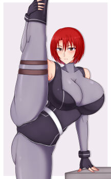1girl :| bare_shoulders black_gloves black_leotard blush bodysuit breasts brown_eyes capcom closed_mouth covered_collarbone detached_sleeves dino_crisis expressionless feet_out_of_frame female_focus fingerless_gloves fingernails gloves grey_background grey_bodysuit grey_sleeves highres huge_breasts leg_up leotard looking_at_viewer medium_hair red_hair ref_np111 regina_(dino_crisis) simple_background sleeveless sleeveless_bodysuit solo split standing standing_on_one_leg variant_set