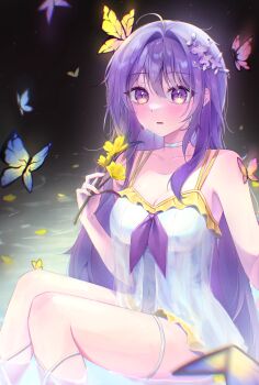 1girl absurdres ahoge ayauke breasts choker cleavage covered_navel feet_out_of_frame flower hair_between_eyes hair_intakes hand_up highres holding holding_flower large_breasts long_hair looking_at_viewer maengowl multicolored_eyes parted_lips project_[i] purple_eyes purple_hair see-through_clothes see-through_shirt shirt sitting sleeveless sleeveless_shirt solo spaghetti_strap straight_hair two-tone_eyes virtual_youtuber water white_choker white_shirt yellow_flower