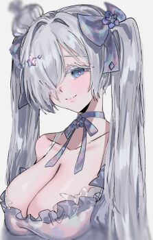 1girl aogisa blue_eyes breasts cinderella_(glass_princess)_(nikke) cinderella_(nikke) cleavage collarbone commentary_request crown dress goddess_of_victory:_nikke highres large_breasts long_hair mini_crown official_alternate_costume simple_background smile solo twintails upper_body very_long_hair white_background white_dress