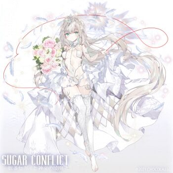 1girl blush bouquet bridal_gauntlets bridal_legwear character_request closed_mouth commentary_request covered_navel dress feathers floating_hair flower full_body gradient_background green_eyes grey_background grey_hair hair_between_eyes long_hair pink_flower pink_rose rose satsuki_misuzu solo sugar_conflict very_long_hair wedding_dress white_background white_feathers white_flower white_rose