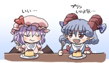 2girls :d bare_shoulders bat_wings blue_background blue_dress blue_hair blue_ribbon blush chibi chibi_only closed_mouth commentary_request detached_sleeves dress earrings eating food gradient_background hair_between_eyes hat hat_ribbon highres holding holding_spoon horn_ornament horn_ribbon horns jewelry mob_cap multiple_girls open_mouth pink_hat pink_shirt plate pointy_ears pudding purple_hair red_eyes red_horns red_ribbon red_sleeves remilia_scarlet ribbon rokugou_daisuke sharp_teeth sheep_horns shirt short_hair short_sleeves signature sleeveless sleeveless_dress smile spoon teeth touhou toutetsu_yuuma translation_request upper_body wings