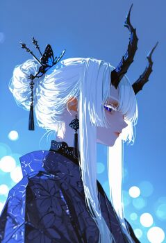 1girl blue_background blue_eyes breasts butterfly_hair_ornament closed_mouth commentary earrings expressionless from_side hair_bun hair_ornament highres horns japanese_clothes jewelry kimono long_hair looking_at_viewer looking_to_the_side non-web_source profile seris_vritra sidelocks simple_background single_hair_bun solo tagme the_beginning_after_the_end very_long_hair white_hair