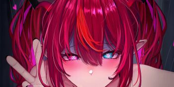 1girl bare_shoulders black_camisole blue_eyes blush breasts camisole cleavage halo heart heart_in_eye highres hololive hololive_english implied_fellatio indoors irys_(hololive) large_breasts long_hair multicolored_hair paid_reward_available pointy_ears purple_eyes purple_hair red_hair soju_ice solo spaghetti_strap star_halo streaked_hair symbol_in_eye twintails two-tone_hair upper_body v virtual_youtuber