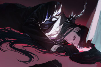 2boys bindi black_footwear black_gloves black_hair black_jacket black_necktie black_suit chain chain_leash collar collared_shirt dress_shoes earrings final_fantasy final_fantasy_vii final_fantasy_vii_remake formal_clothes gloves hair_slicked_back highres jacket jewelry leash long_hair long_sleeves looking_at_viewer male_focus multiple_boys necktie out_of_frame pants rufus_shinra shirt shou_rou sideburns spiked_collar spikes square_enix suit suit_jacket tseng turks_(ff7) white_pants white_shirt yaoi