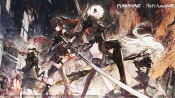 1boy 2b_(nier:automata) 3girls 9s_(nier:automata) a2_(nier:automata) android bare_shoulders black_dress black_hair black_thighhighs blindfold breasts copyright_name crossover dress fake_horns floating floating_object floating_weapon gloves headband highres holding holding_sword holding_weapon horns ishikawa_yui joints kazama_raita logo long_hair lucia_(pgr) mechabare mechanical_arms mole mole_under_mouth multicolored_hair multiple_girls nier:automata nier_(series) official_art polearm ponytail pouch prosthesis prosthetic_arm punishing:_gray_raven red_hair red_horns second-party_source short_hair spear sword thigh_pouch thighhighs two-tone_hair virtuous_contract virtuous_treaty weapon white_hair