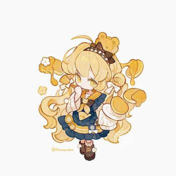 1girl ahoge apron ball_hands blonde_hair blue_apron blue_dress boots bow bowtie brown_boots brown_bow brown_bowtie brown_hairband brown_socks chibi chibi_only closed_mouth dress food full_body hair_bow hairband highres honey kanae_(cookie) lace-up_boots long_hair long_sleeves looking_at_viewer neckerchief original pancake simple_background smile socks solo standing twitter_username white_background yellow_eyes yellow_neckerchief