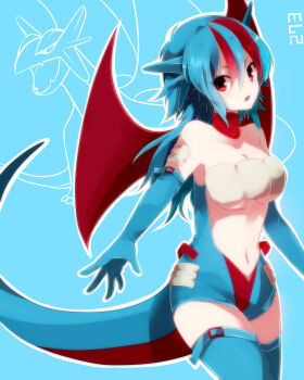 1girl animal_ears bare_shoulders blue_hair blue_thighhighs breasts choker collarbone creature_and_personification elbow_gloves female_focus gen_3_pokemon gloves highres long_hair looking_at_viewer multicolored_hair navel nintendo open_mouth personification pokedex_number pokemon red_eyes red_hair salamence solo standing tail takeshima_eku thighhighs underboob wings