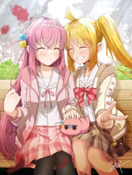 2girls ahoge animal_print arm_up bench black_pantyhose blonde_hair blush bocchi_the_rock! bow bowtie brown_jacket brown_skirt bush cat_print closed_eyes closed_mouth collarbone commentary_request crossed_bangs cube_hair_ornament gotoh_hitori gotoh_hitori_(tsuchinoko) hair_ornament highres ijichi_nijika jacket jaqwatdas long_sleeves multiple_girls neck_ribbon open_clothes open_jacket outdoors pantyhose parted_lips paw_print pink_hair pink_jacket pink_ribbon pink_skirt plaid_clothes plaid_skirt pleated_skirt polka_dot polka_dot_bow polka_dot_bowtie red_bow red_bowtie ribbon sailor_collar shirt side_ponytail sidelocks signature sitting skirt smile sunlight tree v white_sailor_collar white_shirt