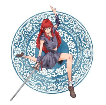 1girl black_sailor_collar black_serafuku black_shirt closed_mouth expressionless full_body holding holding_sword holding_weapon juuni_kokuki kaburagi_yuki loafers long_hair long_sleeves looking_at_viewer nakajima_youko pleated_skirt red_hair sailor_collar school_uniform serafuku shirt shoes skirt solo sword torn_clothes torn_shirt torn_skirt torn_sleeves weapon white_background