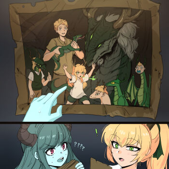 blonde_hair colored_skin demon_girl demon_horns dragon dragon_girl dragon_tail dungeon_munchies glasses green_eyes highres horns ponytail red_eyes scofa tail