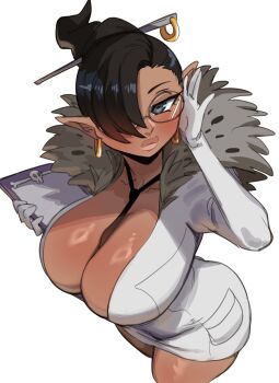 0lightsource 1girl absurdres between_breasts black_hair blue_eyes breasts business_suit cleavage clipboard cowboy_shot dark-skinned_female dark_skin earrings formal_clothes fur_(clothing) glasses gloves hair_ornament hair_over_one_eye hair_stick hand_on_own_face highres holding holding_clipboard jewelry large_breasts lips necktie necktie_between_breasts pointy_ears short_hair simple_background solo sprocket_(viewtiful_joe) suit thick_lips tight_clothes viewtiful_joe white_background