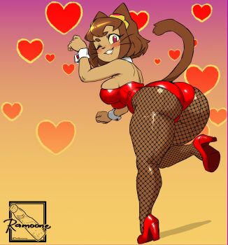 1girl absurdres animal_ears ass breasts brown_hair cat_ears cat_girl cat_tail cleavage commentary english_commentary eyewear_on_head fishnet_pantyhose fishnets gameoverse goggles goggles_on_head gradient_background heart high_heels highres kit_bodega large_breasts leotard looking_at_viewer looking_back one_eye_closed pantyhose paw_pose red_eyes red_leotard red_shoes shoes short_hair signature smile solo tail theramoone