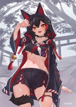 1girl absurdres animal_ears arpeggio_kaga black_hair black_jacket black_shorts blush breasts cowboy_shot crop_top fang hair_between_eyes highres hololive jacket looking_at_viewer medium_breasts multicolored_hair neckerchief official_alternate_costume ookami_mio ookami_mio_(another_ookami_mio) red_hair shorts smile solo streaked_hair underboob virtual_youtuber wolf wolf_ears wolf_girl
