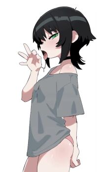 1girl animated arm_behind_back ass black_choker black_hair blush borrowed_character breasts choker cowboy_shot fellatio_gesture from_side green_eyes grey_shirt half-closed_eyes handjob_gesture healerart loli looking_at_viewer medium_hair motion_lines naughty_face no_pants off_shoulder open_mouth oral_invitation original panties pink_panties pinkanimations red_panties saliva saliva_trail sexually_suggestive shirt short_hair short_sleeves sidelocks simple_background small_breasts solo standing t-shirt tagme tongue tongue_out underwear video white_background