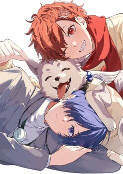 Rule 34 | 1boy, 1girl, absurdres, blue eyes, blue hair, brown hair, commentary, dog, earphones removed, grey dog, grey jacket, grin, hair ornament, hair over one eye, hairclip, hand on own arm, head rest, highres, jacket, koromaru (persona), lying, mnce o, on side, one eye closed, open mouth, persona, persona 3, persona 3 portable, pinching, pinching ear, red eyes, red scarf, scarf, shiomi kotone, shirt, smile, sweater, tongue, tongue out, turtleneck, untranslatable commentary, white background, white shirt, yellow sweater, yuuki makoto (persona 3)