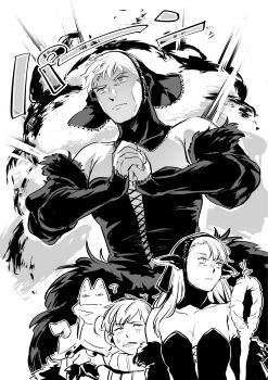 1girl 1other 3boys ? bare_shoulders black_dress black_hood black_sleeves breasts cat chilchuck_tims cleavage commentary_request cosplay crossdressing crossdressing_(mtf) detached_sleeves dress dungeon_meshi dwarf explosion explosion_background fake_horns frown furrowed_brow greyscale halfling helmet highres holding holding_staff hood hood_up horned_helmet horns izutsumi laios_touden long_hair marcille_donato marcille_donato_(cosplay) marcille_donato_(lord) medium_breasts monochrome multiple_boys muscular own_hands_clasped own_hands_together pointy_ears scarf senshi_(dungeon_meshi) short_hair sketch staff sweatdrop upper_body yumi_zua