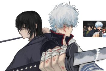 2boys bandages black_hair blood commentary gintama highres holding japanese_clothes katana katsura_kotarou looking_at_viewer multiple_boys red_eyes reference_inset sakata_gintoki sword symbol-only_commentary txasttszu weapon white_background white_hair