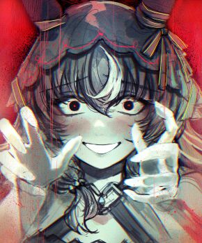 1girl absurdres animal_ears blush bow commentary_request ear_covers ear_ribbon eyelashes hagioshi hair_between_eyes highres horse_ears horse_girl limited_palette long_hair looking_at_viewer multicolored_hair open_mouth ribbon simple_background solo still_in_love_(umamusume) streaked_hair umamusume upper_body veil yandere