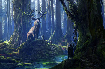 1other 3boys animal antlers brown_cloak cloak commentary deer deer_antlers english_commentary forest highres holding holding_staff horns moss multiple_boys nature original outdoors oversized_animal painterly plant plant_roots raphael-lacoste river scenery signature staff tree vines water