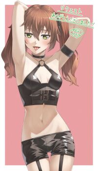 1girl armpits black_choker black_shorts blush breasts brown_hair choker commission eiyuu_densetsu garter_straps highres long_hair looking_at_viewer midriff navel official_alternate_costume rourou_ill sen_no_kiseki_(series) sen_no_kiseki_i shorts skeb_commission small_breasts solo tongue tongue_out towa_herschel twintails yellow_eyes