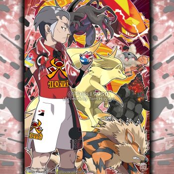Rule 34 | 1boy, arcanine, artist name, centiskorch, closed eyes, closed mouth, coal, coalossal, commentary, company name, copyright notice, dynamax, english commentary, fang, fire, from side, gen 1 pokemon, gen 3 pokemon, gen 7 pokemon, gen 8 pokemon, gigantamax, gigantamax centiskorch, gloves, glowing hot, glowing mouth, grey hair, holding, holding poke ball, instagram username, kabu (pokemon), mature male, merchandise available, multicolored hair, ninetales, nintendo, nontraditional poke ball, official style, open mouth, outline, partially fingerless gloves, poke ball, pokemon, pokemon (creature), pokemon swsh, red gloves, red shirt, salazzle, shirt, short hair, shorts, single glove, smoke, teeth, tom higgins, torkoal, towel, towel around neck, two-tone hair, watermark, white outline, white shorts