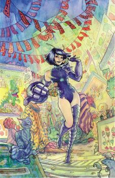 1girl alien antennae armor asymmetrical_legwear bird black_lips bunting cat comic_cover commentary english_commentary fangs food full_body gloves guardians_of_the_galaxy highres holding holding_food leotard looking_at_viewer mantis_(marvel) market marvel meghan_hetrick official_alternate_design official_art open_mouth pauldrons purple_leotard shish_kebab short_hair shoulder_armor single_pauldron solo_focus spiked_pauldrons spikes textless_version traditional_media