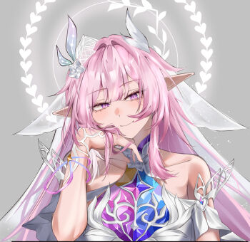 1girl bare_shoulders cyrene_(honkai:_star_rail) cyrene_(ripples_of_past_reverie)_(honkai:_star_rail) dated_commentary dress flower grey_background hair_flower hair_ornament halo highres honkai:_star_rail honkai_(series) long_hair pink_hair pointy_ears purple_eyes smile solo upper_body very_long_hair white_dress zaint_(zaintz4)