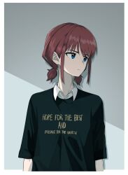 Rule 34 | 1girl, arms at sides, black shirt, blue eyes, border, brown hair, closed mouth, clothes writing, collared shirt, english text, gganchan, girls band cry, grey background, highres, iseri nina, light frown, looking to the side, low twintails, shadow, shirt, short hair, short sleeves, short twintails, sidelocks, solo, twintails, upper body, white border, white shirt