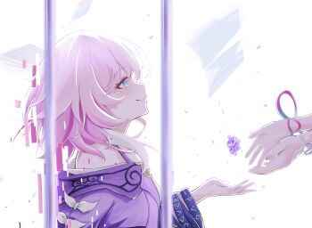 2girls absurdres bare_shoulders blue_eyes breasts coat commentary_request cyrene_(demiurge)_(honkai:_star_rail) cyrene_(honkai:_star_rail) cyrene_(philia093)_(honkai:_star_rail) dual_persona glitch highres honkai:_star_rail honkai_(series) multicolored_hair multiple_girls pink_hair purple_coat puzzle_piece revision sa2ki_i short_hair small_breasts smile two-tone_hair white_hair