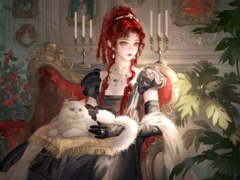 1girl absurdres animal animal_on_lap black_dress black_gloves blue_eyes braid breasts candle cat chair cleavage couch dress earrings elbow_gloves flower gloves hat highres holding indoors jewelry large_variant_set long_hair looking_at_viewer necklace on_lap original plant puffy_short_sleeves puffy_sleeves red_hair red_lips shawl short_sleeves sitting solo unworn_hat unworn_headwear variant_set white_cat xixizi