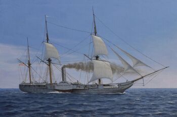 acrylic_paint_(medium) american_flag atelier_bono frigate highres mast military_vehicle no_humans ocean original paddle_wheel painting_(medium) sail sailing_ship ship sky smoke smokestack traditional_media united_states_navy uss_mississippi_(1841) vehicle_focus warship watercraft