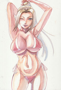 Rule 34 | 1girl, arms up, bikini, breasts, brown hair, cleavage, cowboy shot, fatal fury, female focus, gluteal fold, highleg, highleg bikini, large breasts, long hair, looking at viewer, navel, one eye closed, ponytail, red bikini, shiranui mai, side-tie bikini bottom, skindentation, smile, solo, standing, stomach, swimsuit, underboob, white trim, wink