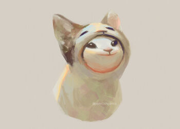 absurdres animal animal_costume animal_focus black_eyes cat cat_costume closed_mouth commentary cropped_torso grey_background highres meme no_humans oatmeal_(cat) parody pop_cat_(meme) real_life simple_background smile symbol-only_commentary twitter_username upper_body watermark weiwei_(peevishpants) what whiskers white_cat white_fur