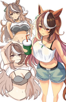 1girl alternate_costume animal_ears black_camisole blush breasts brown_hair camisole cleavage closed_mouth commentary_request grey_shorts hanamura_pink highres horse_ears horse_girl horse_tail large_breasts long_hair looking_at_viewer midriff multicolored_hair multiple_views navel purple_eyes shirt short_shorts shorts simple_background smile streaked_hair symboli_rudolf_(umamusume) tail umamusume white_background white_hair white_shirt white_streaks