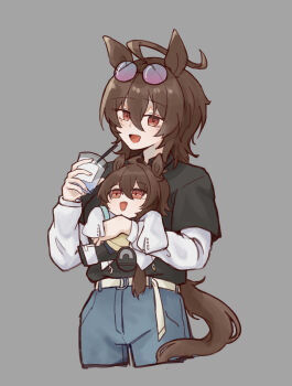 1girl absurdres agnes_tachyon_(umamusume) ahoge alternate_costume animal_ears belt belt_buckle black_shirt brown_hair brown_tail buckle character_doll cup disposable_cup doll eyewear_on_head grey_background grey_pants hair_between_eyes highres holding holding_cup holding_stuffed_toy horse_ears horse_girl horse_tail huge_ahoge long_hair_between_eyes looking_at_viewer medium_hair open_mouth pants red_eyes round_eyewear shirt simple_background smile stuffed_animal stuffed_toy tail umamusume wakasoba white_belt
