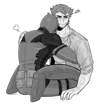 2boys arm_hair back beard blush bodysuit cropped_legs deadpool deadpool_&amp;_wolverine deadpool_(series) facial_hair hashtag-only_commentary highres hug k4nc_wolverine male_focus marvel marvel mask monochrome multiple_boys muscular muscular_male pants shirt short_hair sitting sitting_on_lap sitting_on_person squiggle superhero_costume sweatdrop twitter_username v-shaped_eyebrows wolverine_(x-men) x-men yaoi