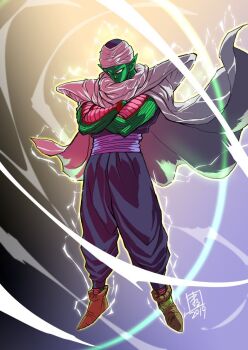 1boy aura black_eyes black_pants black_shirt brown_shoes cape closed_mouth colored_skin crossed_arms dated dragon_ball floating floating_cape full_body green_skin hashtag-only_commentary light_smile male_focus marufuji_hirotaka pants piccolo pointy_ears pointy_shoes sash shirt shoes signature solo turban white_cape white_sash