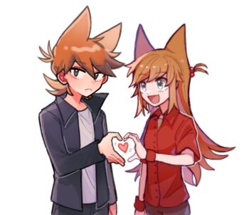 Rule 34 | 1boy, 1girl, alternate costume, animification, black jacket, black pants, brown hair, brown shorts, buwangchuxingaoyixin, chinese commentary, commentary request, couple, dual persona, eddsworld, frown, genderswap, genderswap (mtf), grey eyes, hair bobbles, hair ears, hair ornament, heart, heart hands, heart hands duo, hetero, jacket, long hair, looking at another, looking at viewer, official alternate costume, open clothes, open jacket, pants, red shirt, selfcest, shirt, short hair, shorts, simple background, tord (eddsworld), tori (eddsworld), upper body, white background, white shirt