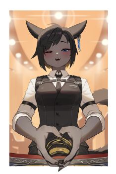 Rule 34 | 1girl, ;d, absurdres, animal ear piercing, animal ears, black hair, black nails, black necktie, black vest, blonde hair, blue eyes, blush, breasts, card, casino, cat ears, chest harness, colored inner hair, colored skin, commentary, croupier, english commentary, fangs, final fantasy, final fantasy xiv, grey skin, half-closed eye, hand focus, harness, highres, indoors, looking at viewer, medium breasts, midd night, miqo'te, multicolored hair, necktie, one eye closed, open mouth, original, playing card, shirt, short hair, smile, solo, tostantan, two-tone hair, upper body, vest, warrior of light (ff14), white shirt
