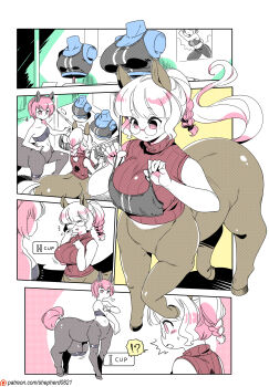 !? 2girls animal_ears artist_name black_sports_bra braid breast_conscious breast_envy breasts centaur crop_top extra_breasts glasses highres horse_ears horse_tail large_breasts looking_at_breasts medium_support_(meme) meme modern_mogal monster_girl multiple_girls multiple_legs patreon_logo patreon_username shepherd0821 spoken_interrobang sports_bra striped_sports_bra tail taur triple_vertical_stripe watermark web_address