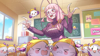 >_< 1girl absurdres anger_vein antenna_hair arthropod_girl blunt_bangs breasts chalkboard classroom claws cleavage cleavage_cutout clothing_cutout cockroach_girl commentary english_commentary fangs fighting glasses hair_ornament hat highres huge_breasts long_hair maplesights matara_kan matara_kan_(casual) momo_(matara_kan) open_mouth pink_hair purple_shirt red_eyes sharp_teeth shirt striped_clothes striped_shirt teacher teeth two-sided_fabric virtual_youtuber vshojo window
