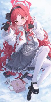 1girl :d \||/ absurdres akizuki_kawakaze bag black_bow black_gloves black_hairband black_shoes blue_archive blush bow commentary day dress forehead frilled_dress frills full_body fur-trimmed_jacket fur-trimmed_sleeves fur_trim gloves grey_dress gun hair_behind_ear hair_bow hair_spread_out hairband halo handbag handgun hands_up highres jacket long_hair long_sleeves lying mary_janes on_back open_clothes open_jacket open_mouth outdoors pantyhose parted_bangs pink_bag playing_with_own_hair pleated_skirt red_hair red_halo shoes sidelighting sidelocks skirt smile smug snow solo takane_(blue_archive) v-shaped_eyebrows very_long_hair weapon white_jacket white_pantyhose wide_sleeves winter yellow_eyes