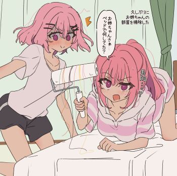 2girls absurdres amaori_haruna amaori_renako black_shorts blush closed_mouth commentary curtains female_focus hashtag-only_commentary highres hood hoodie horns implied_harem implied_incest implied_yuri krill55 long_hair medium_hair multiple_girls nervous_sweating on_bed pink_hair pink_hoodie pink_shirt purple_eyes shirt shorts siblings sisters speech_bubble striped_horns sweat translation_request watashi_ga_koibito_ni_nareru_wake_naijan_murimuri!