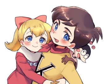 1boy 1girl 1other bariquand_(chargeman_ken!) blonde_hair blue_eyes blush brown_hair chargeman_ken! child closed_mouth cuddling dress highres izumi_caron izumi_ken jewelry jumpsuit kai_himo light_smile looking_at_viewer necklace open_mouth pearl_necklace pink_ribbon ponytail red_dress red_scarf ribbon round_teeth scarf short_hair siblings simple_background teeth white_background yellow_jumpsuit