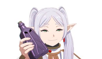 1girl 3d absurdres bottle capelet clothes-dissolving_potion commentary_request earrings elf frieren glass_bottle gold_trim grey_hair grin half-closed_eyes highres hiro_japan holding holding_bottle jewelry long_hair long_pointy_ears maya_(medium) parted_bangs pointy_ears simple_background smile solo sousou_no_frieren teardrop_earrings thick_eyebrows twintails upper_body white_background white_capelet