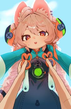 1girl ahoge animal_ears braid bright_pupils carrying carrying_person ear_piercing furry furry_female highres lifting_person long_hair long_sleeves piercing pink_fur pink_hair pov pov_hands pwww rabbit_ears rabbit_girl red_eyes short_eyebrows thick_eyebrows twin_braids very_long_hair zenless_zone_zero zhao_(zenless_zone_zero)