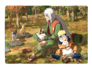 2boys animal blonde_hair blue_eyes book border cat child commentary_request forehead_protector grey_hair he_yo_boy1221 highres holding holding_animal holding_book holding_cat holding_pen jacket jiraiya_(naruto) konohagakure_symbol long_hair long_sleeves looking_at_another male_focus multiple_boys naruto_(classic) naruto_(series) open-toe_shoes open_book orange_jacket orange_pants outdoors pants pen sandals short_hair smile spiked_hair twitter_username uzumaki_naruto very_long_hair white_border writing