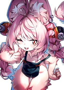 1girl absurdres ahoge animal_ear_fluff animal_ears apron black_apron blush braid breasts furry furry_female highres long_hair looking_at_viewer one_eye_closed open_mouth pink_fur pink_hair rabbit_ears rabbit_girl redcomet small_breasts smile solo teeth twin_braids upper_teeth_only very_long_hair zenless_zone_zero zhao_(zenless_zone_zero)