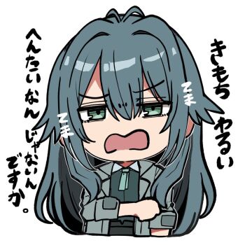 1girl antenna_hair black_skirt chibi collared_shirt cropped_torso dress_shirt gakuen_idolmaster green_eyes green_shirt grey_hair grey_jacket hair_between_eyes hair_intakes idolmaster jacket kawamochi_(kawauti919) long_hair long_sleeves looking_at_viewer open_clothes open_jacket open_mouth shirt simple_background skirt solo translation_request tsukimura_temari upper_body very_long_hair wavy_mouth white_background